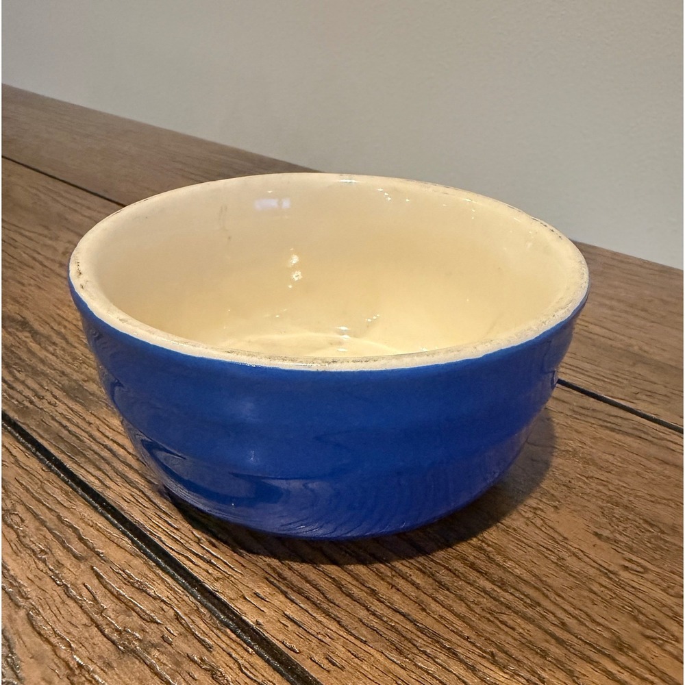 Vintage Stoneware Mixing Bowl Crock 5in Blue Good Ribbed Stoneware Vintage USA